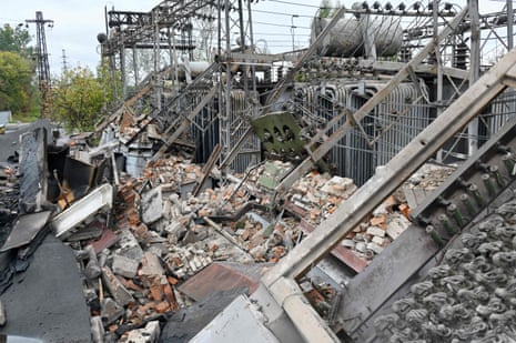 An electrical transformer substation destroyed by Russian missile strikes on the outskirts of Kharkiv.