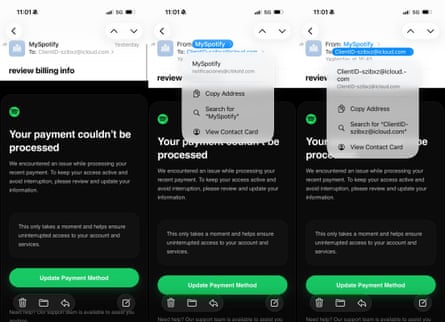 Screenshots of scam emails purporting to be from Spotify
