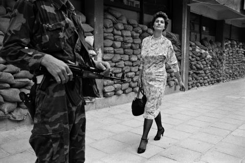 Meliha Varesanovic Sarajevo local Meliha Varesanovic walks proudly and defiantly to work during the Siege of Sarajevo, 1995