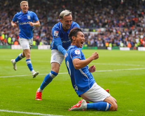 Paik Seung-ho celebrates scoring a goal for Birmingham at Derby