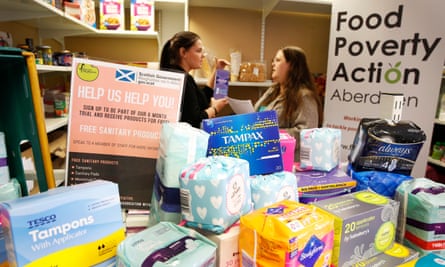 Sanitary products are distributed at a food bank in Aberdeen, Scotland.