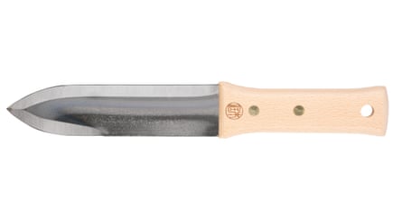 Hori Hori knife with blade pointing to the left and wooden handle.
