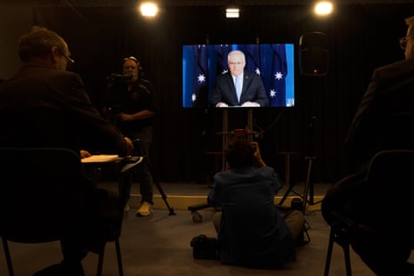 The Prime Minister at a virtual press conference from his isolation at the Lodge to the blue room of Parliament House in Canberra