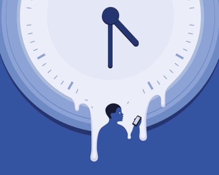 illustration of a giant clock dripping on to a person looking at a phone
