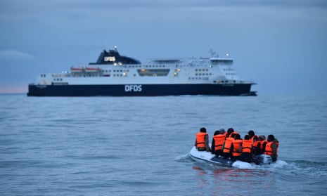 Migrants sail across the English Channel in a dinghy, September 2020.