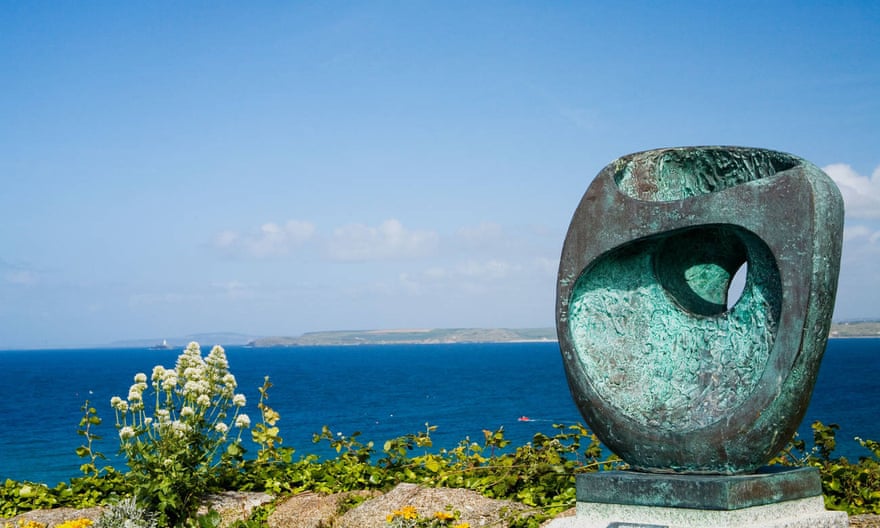 St Ives scenic viewpoint over the atlantic ocean with Barbara Hepworth epidaurous bronze statue