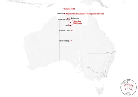 Map of Australia, showing Barossa Field, Middle Arm Sustainable Development Precinct and Beetaloo sub basin