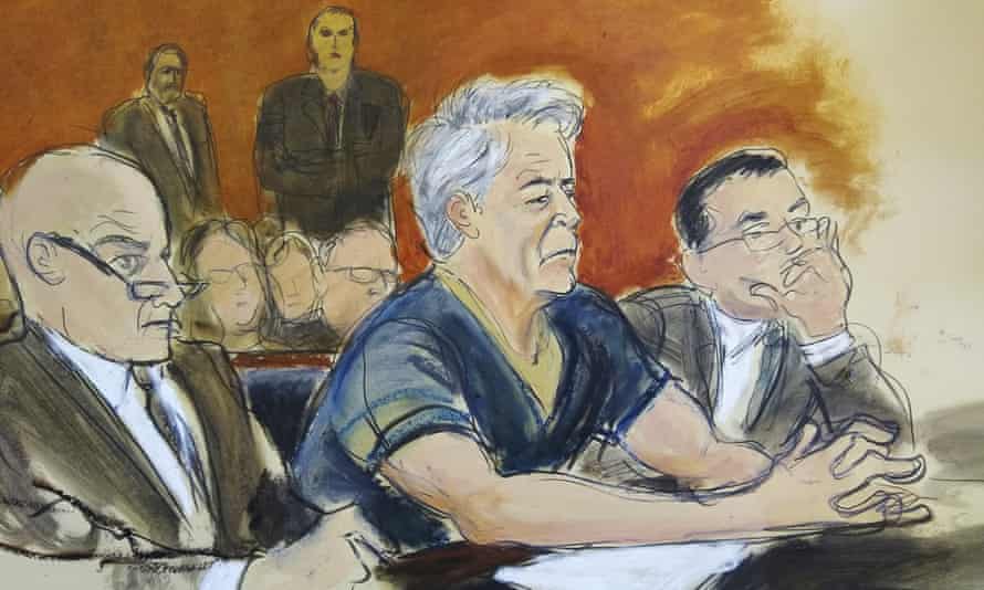 Courtroom artist’s sketch of defendant Jeffrey Epstein, center, during his arraignment in New York federal court on Monday