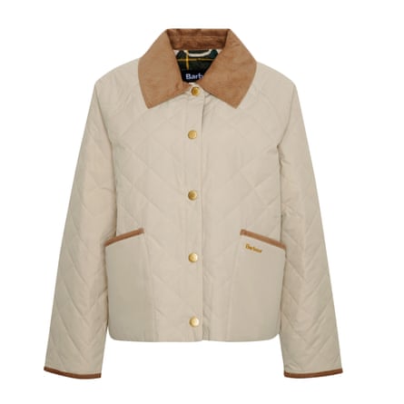 Beige jacket with darker collar and trims
