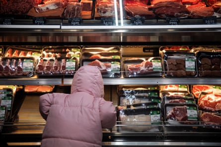 a kid leans guardant to look astatine a show of meats successful a supermarket