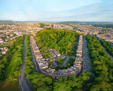 Aerial view of Royal Terrace and Regent Terrace, Edinburgh on a sunny day.