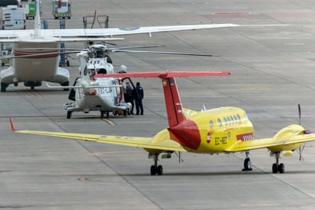 A Canary Island’s rescue and paramedic plane is deployed for the arrival of the plane carrying evacuees from cruise ship MV Hondius, in Telde, Gran Canaria.
