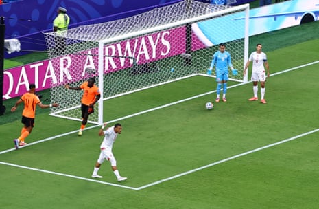 Tunisia’s Ellyes Skhiri scores an own goal as Netherland lead.