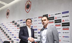 Sven Jaecques, the general manager, and Marc Overmars, Antwerp's new director of football, shake hands at a press conference announcing the new appointment
