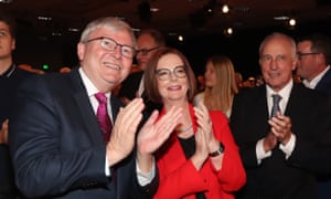 Former prime ministers Kevin Rudd, Julia Gillard and Paul Keating, in Brisbane.