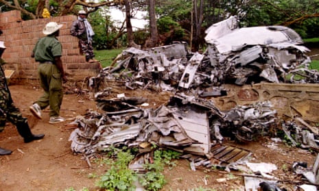 RPF rebels inspect the wreckage of the plane in which Rwandan president Juvenal Habyarimana was killed in April 1994