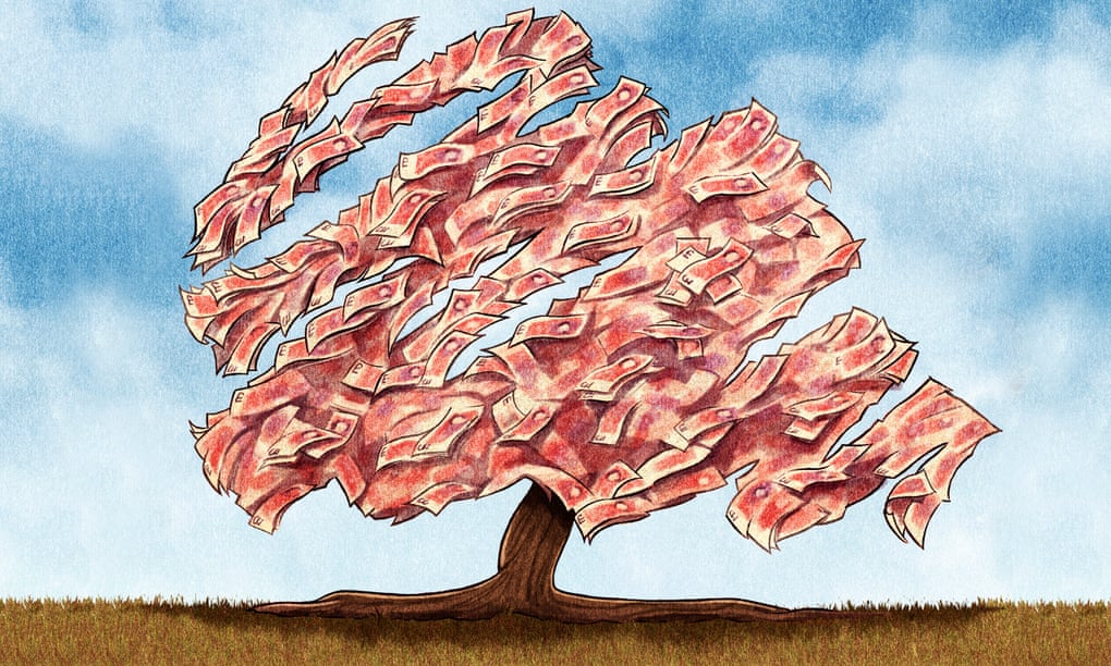 Ben Jennings illustration of a tree made out of money, in the style of the Conservative party logo