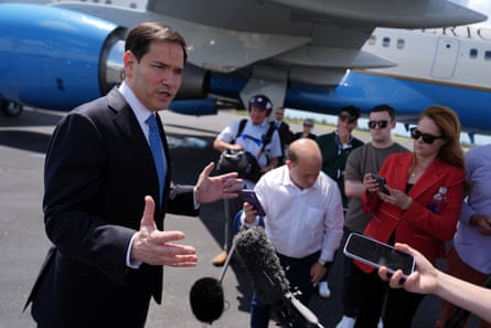 Marco Rubio speaks to the press before travelling to the Nato foreign ministers meeting in Sweden.