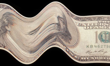 A distorted picture of a 100-dollar bill, with a frowning Benjamin Franklin.