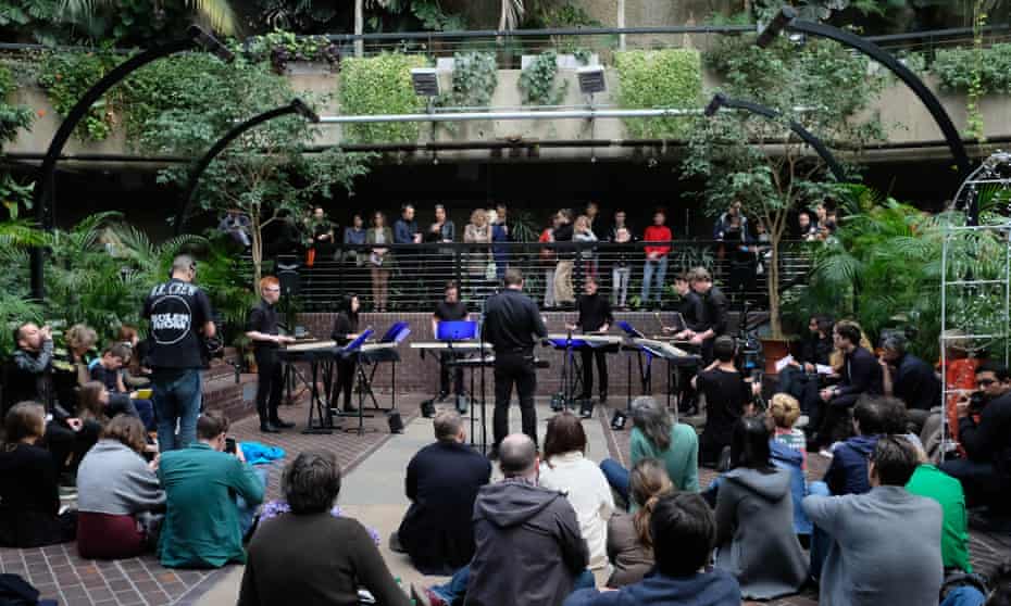 A performance of Michael Gordon’s Timber: Music for Planks of Wood in the Barbican’s Conservatory
