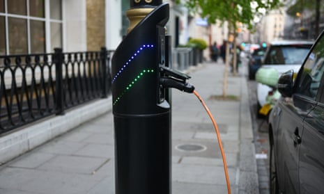 Electric car charging point, London, UK