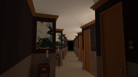 A game screenshot: a seemingly endless hotel corridor, room doors on the right and tables with flowers on the left stretching into the distance.