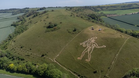 The chalk figure surrounded by fields and woodland as seen from above