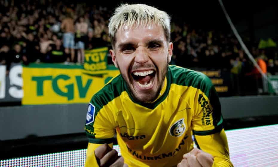 George Cox celebrates Fortuna Sittard’s 1-0 win over SC Cambuur last month after scoring the late winner.