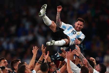 Lionel Messi is thrown into the air after Argentina’s win over Italy at Wembley