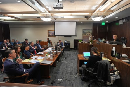 Attorneys listen on Tuesday as judge H Shaina Colover speaks before opening statements in the trial for the wrongful death lawsuit accusing the Los Angeles Angels baseball team of being responsible for the 2019 drug overdose death of pitcher Tyler Skaggs.