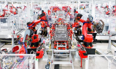 A Tesla Model S being assembled by robots in Fremont, California.