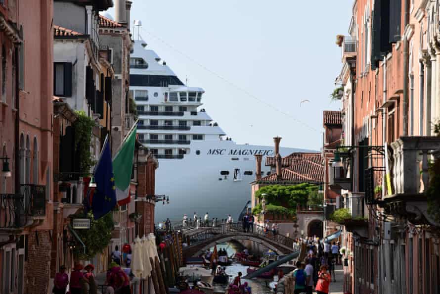 Venice, June 2019 MSC Magnifica is seen from one of the canals leading into the Venice Lagoon