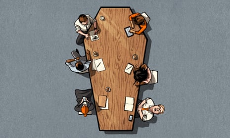 Illustration, of office meeting, by Ben Jennings