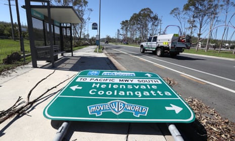 A downed road sign for Movie World amid storm damage at Helensvale on Queensland’s Gold Coast last week
