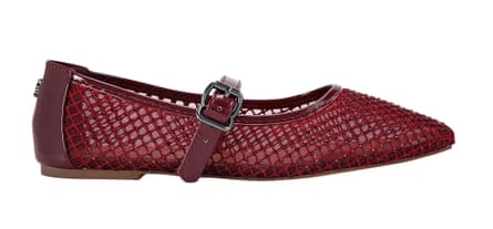 Wine red trim and mesh flats with red detailing and a buckle