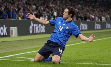 Italy’s Federico Chiesa celebrates after scoring against Spain.