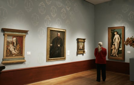 The original wallpaper from Goudstikker’s gallery, recreated in this 2007 display of paintings from his collection at Christie’s auction house in New York.