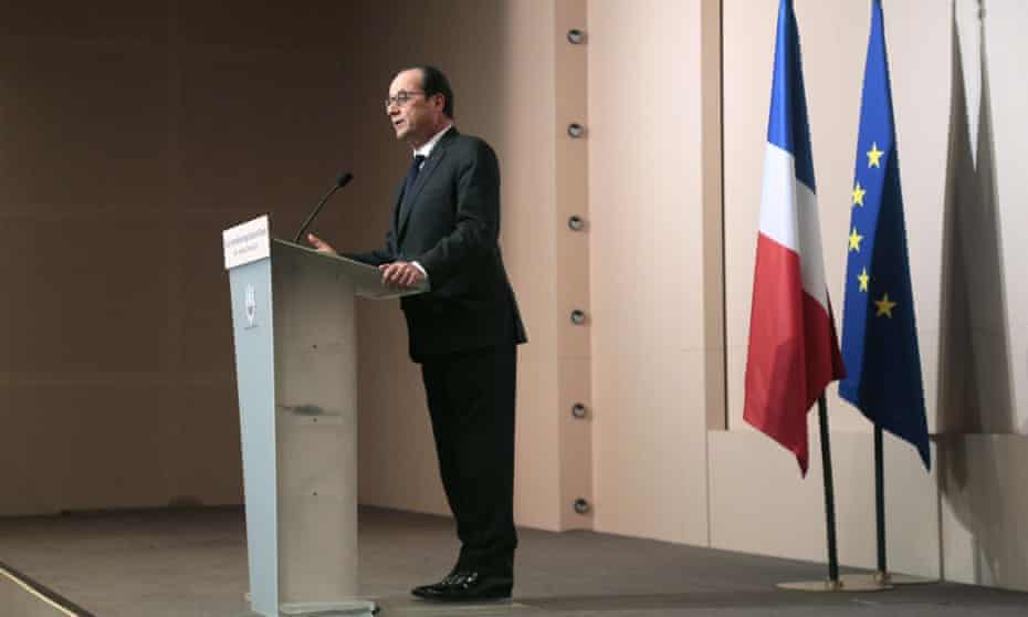 French President Francois Hollande delivers a speech at the Agriculture and Climate Change International Forum in Paris, on 20 February, 2015. 