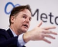 Clegg gestures with his hand while speaking in front of a backdrop with Meta branding