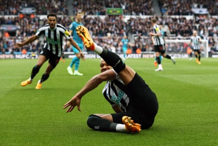 Joelinton of Newcastle celebrates after scoring to make it 2-0 against Tottenham Hotspur at St James’ Park, en route to a 6-1 win