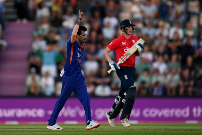 Yuzvendra Chahal from India celebrates the resignation of Harry Brook from England.