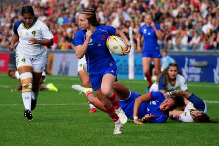 France’s Pauline Bourdon Sansus breaks through and scores a try during the Women’s Rugby World Cup 2025 pool match against Brazil.