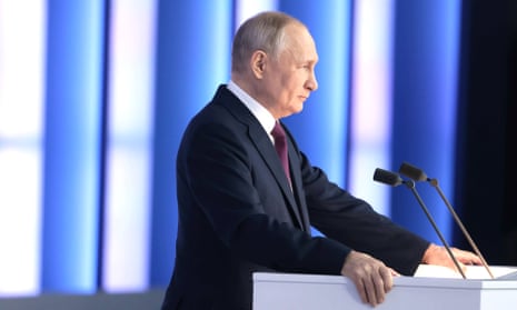Russia's President Vladimir Putin delivers his annual state of the nation address, at Moscow's Gostiny Dvor conference centre, Russia on 21 February 2023. 