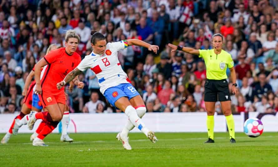 Netherlands women's midfielder Sherida Spitse kicks her penalty wide.