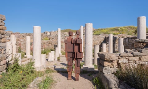 The ancient ruins of Delos are home to UK artist Antony Gormley’s Sight, an installation of 29 iron bodyforms.