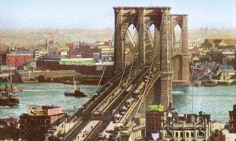 Brooklyn Bridge c1890. Toll charges were removed in 1911, and the streetcar tracks ripped up by the 1950s.