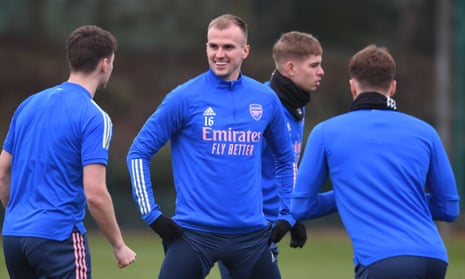 Rob Holding (centre) at Arsenal training.