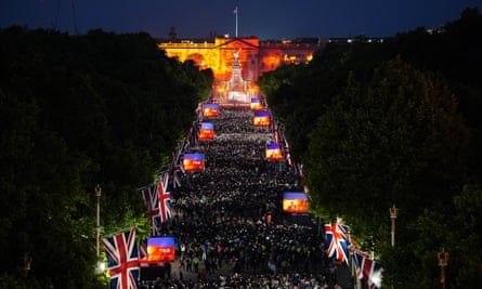 Crowds line the Mall in London in front of Buckingham Palace during the concert.