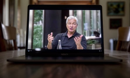 Jamie Dimon, speaks during a webcast event on a laptop computer in Tiskilwa, Illinois, US.