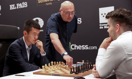 Russia's Ian Nepomniachtchi reacts as China's Ding Liren speaks after their  tiebreaker of FIDE World Chess Championship in Astana, Kazakhstan, Sunday,  April 30, 2023. China's Ding Liren defeated Russia's Ian Nepomniachtchi in